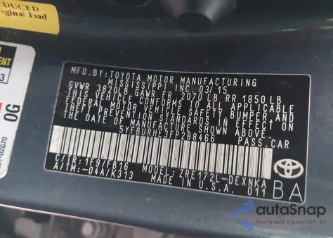 2015 Toyota Corolla Le from USA, damaged, VIN 5YFBURHE3FP288466